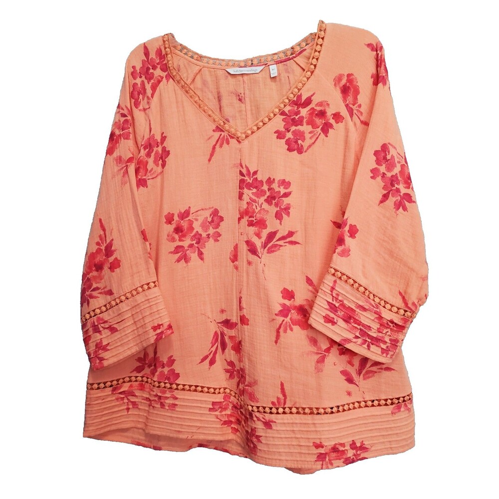 Soft Surroundings Cotton Orange Garden Gauze V-Neck Tunic Size XL Lagenlook